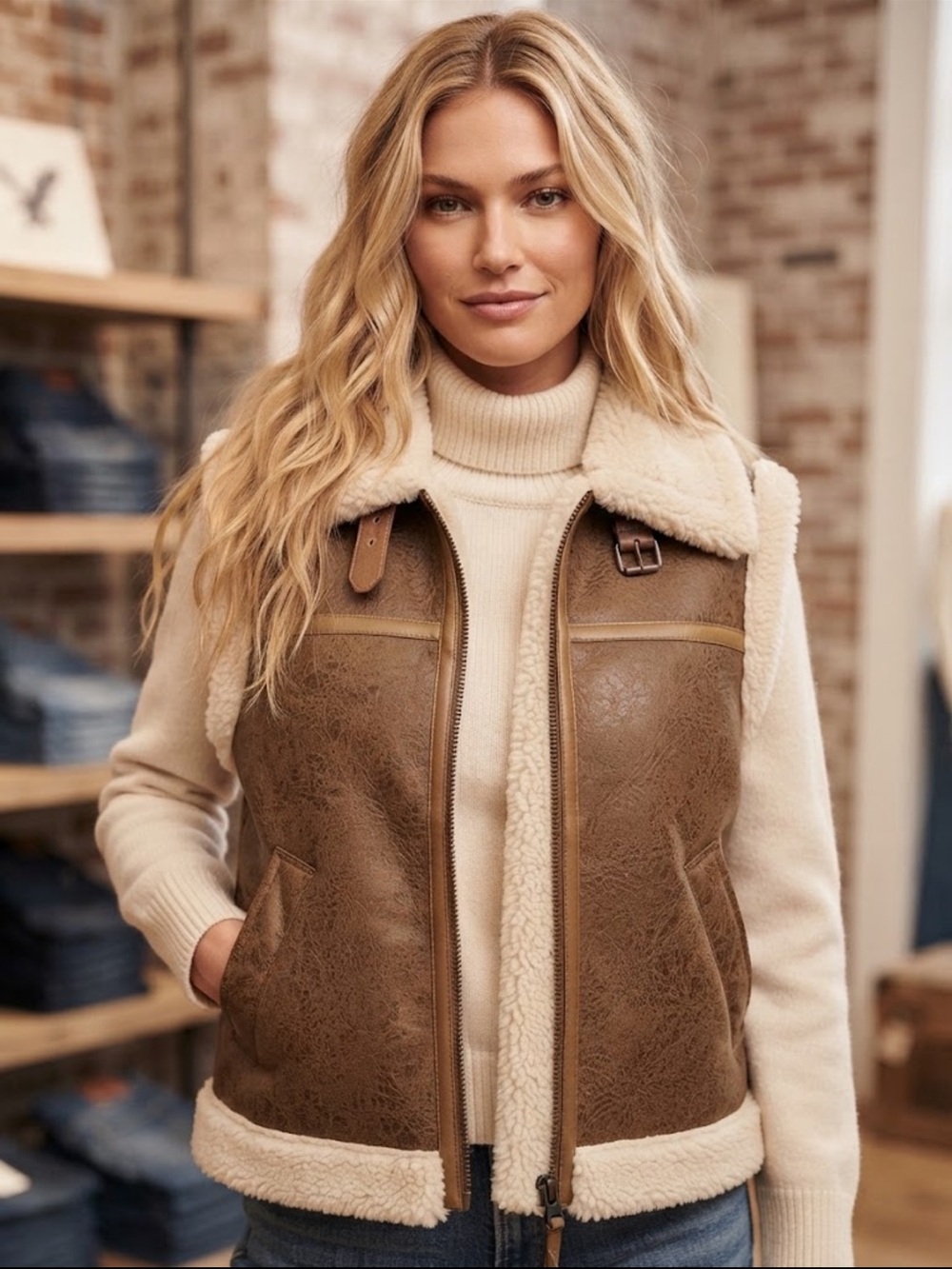 NWT AMERICAN EAGLE 🦅 Women’s Faux Leather Shearling Vest - Cream Trim
